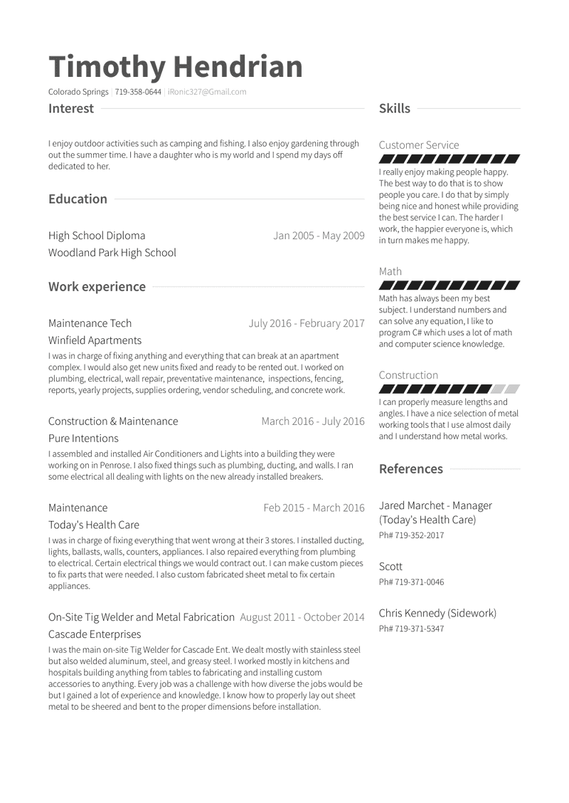 Sheet Metal Fabricater, Onsite Welder And Installer Resume Sample and Template