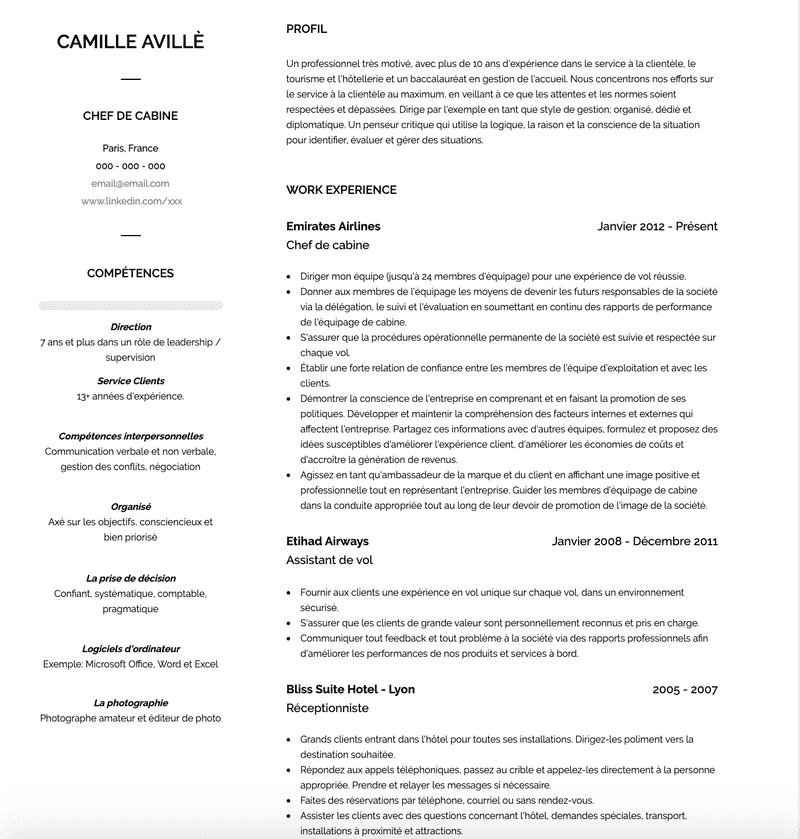 Exemple et modèle de CV Chef de Cabine