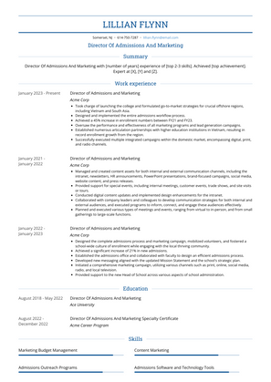 Director Of Admissions And Marketing Resume Sample and Template