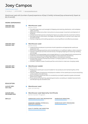 Warehouse Lead Resume Sample and Template