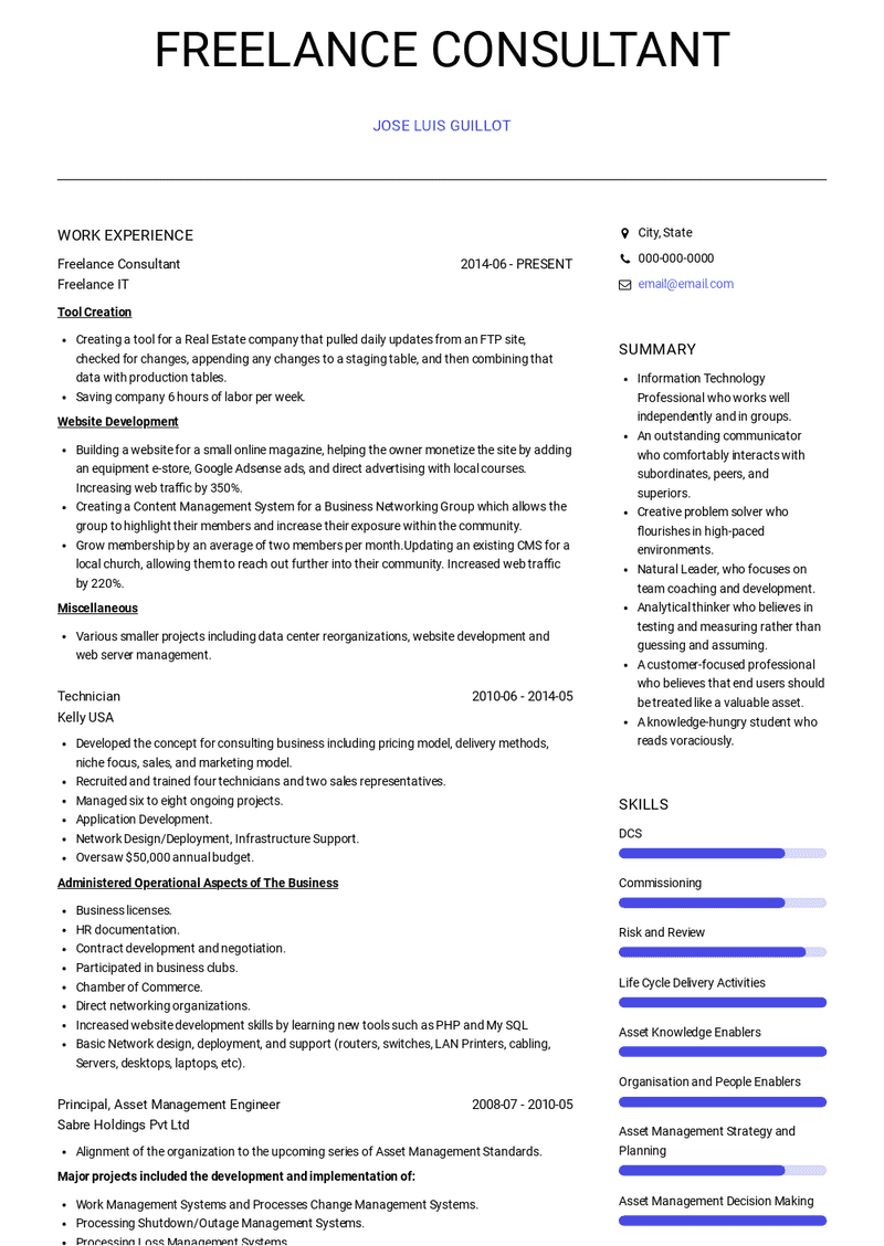 Freelance Consultant Resume Sample and Template