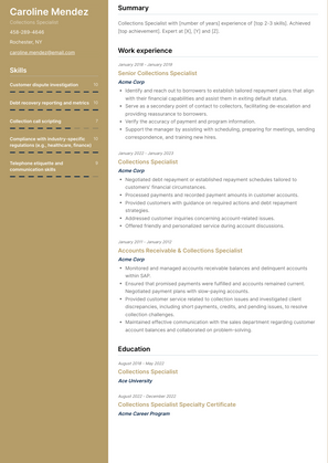 Collections Specialist Resume Sample and Template