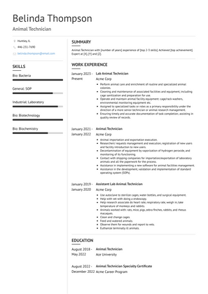 Animal Technician Resume Sample and Template