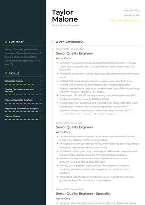 Senior Quality Engineer Resume Sample and Template