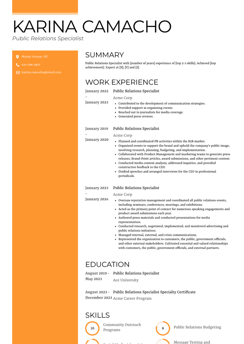 Public Relations Specialist Resume Sample and Template