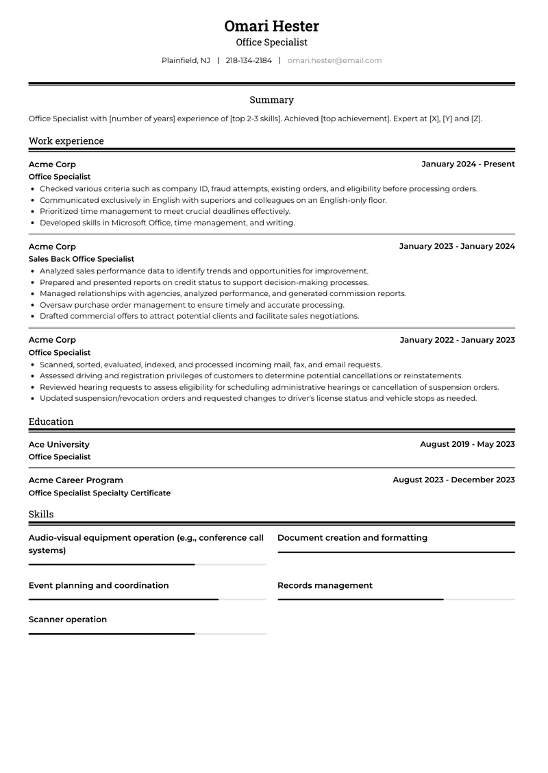 Office Specialist Resume Sample and Template