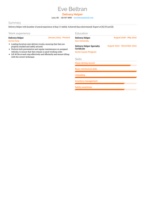 Delivery Helper Resume Sample and Template