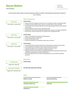 Unit Secretary Resume Sample and Template