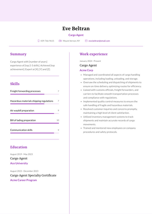 Cargo Agent Resume Sample and Template