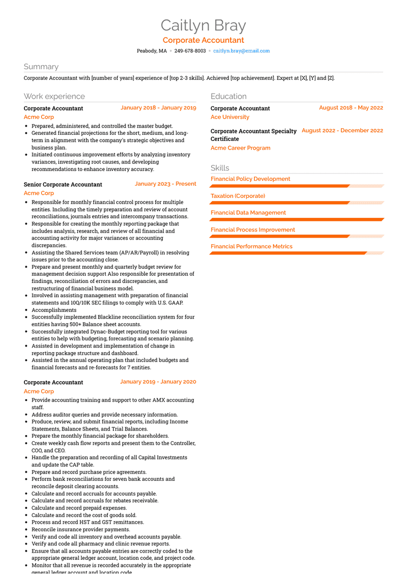 Corporate Accountant Resume Sample and Template