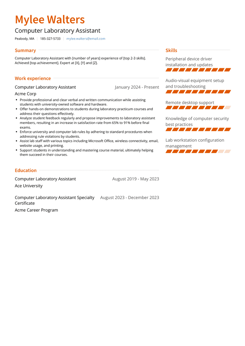 Computer Laboratory Assistant Resume Sample and Template
