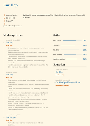 Car Hop Resume Sample and Template