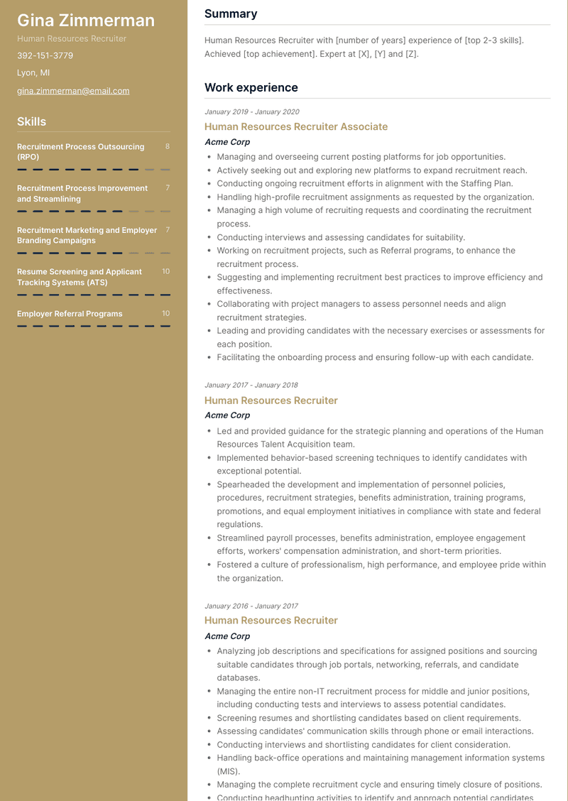 Human Resources Recruiter Resume Sample and Template