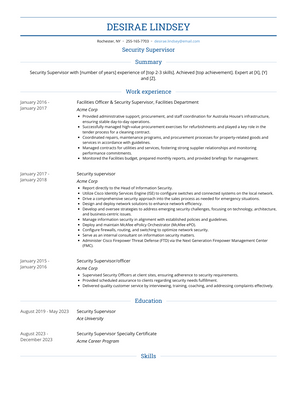 Security Supervisor Resume Sample and Template
