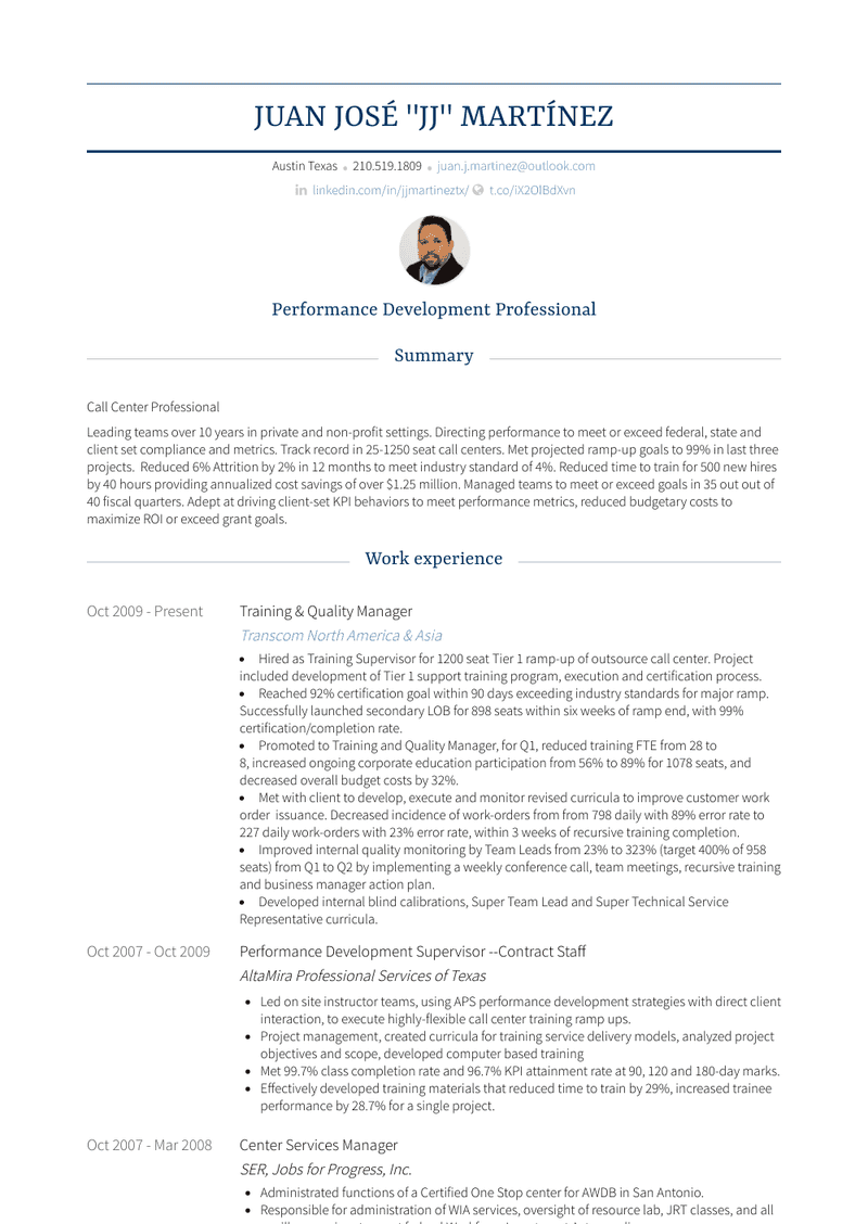 Training & Quality Manager Resume Sample and Template