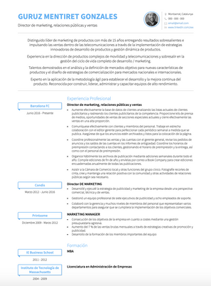 Plantilla y ejemplo de Relaciones Publicas CV