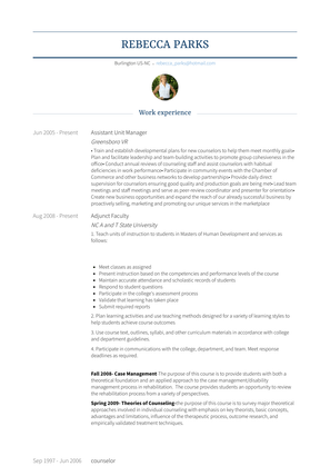 Assistant Unit Manager Resume Sample and Template