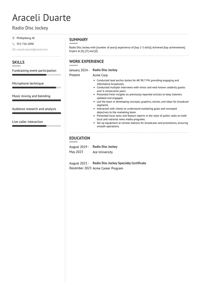 Radio Disc Jockey Resume Sample and Template