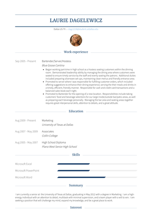 Bartender/Server/Hostess Resume Sample and Template