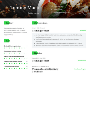 Training Mentor Resume Sample and Template