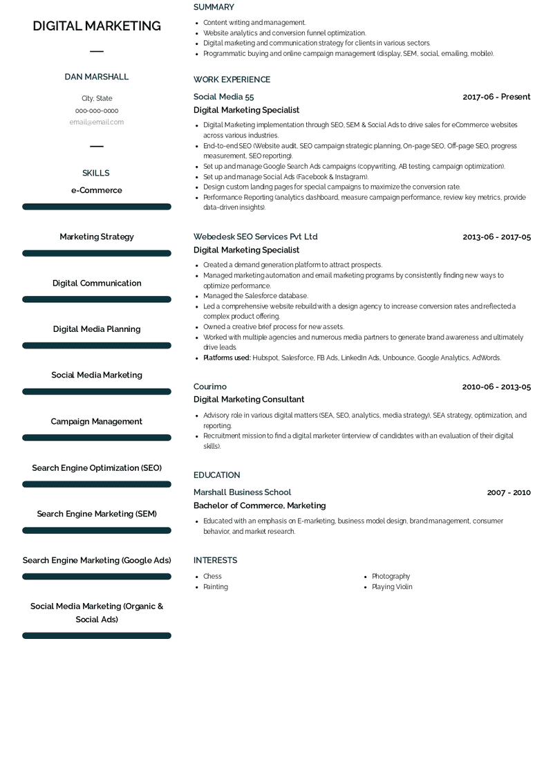 Digital Marketing  Resume Sample and Template