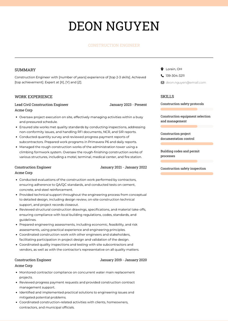 Construction Engineer Resume Sample and Template