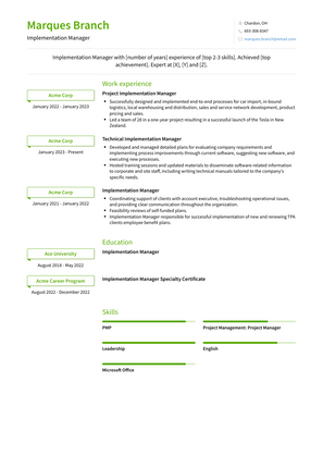 Implementation Manager Resume Sample and Template