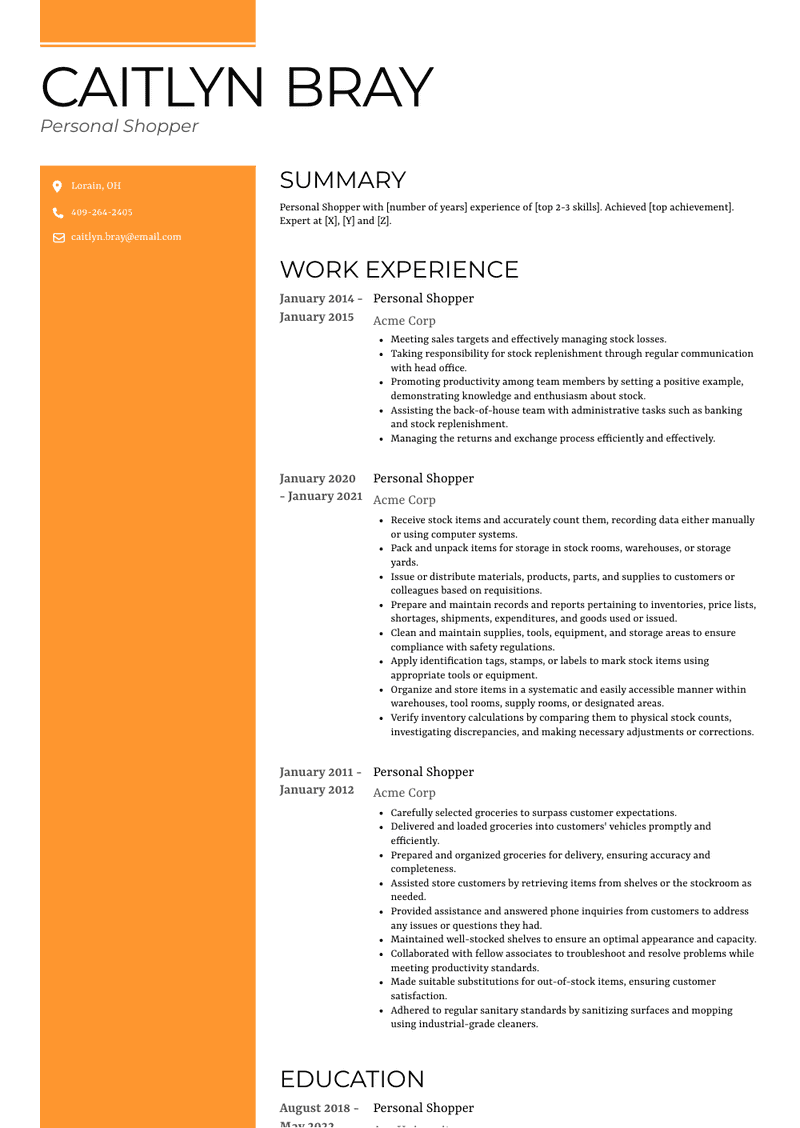 Personal Shopper Resume Sample and Template