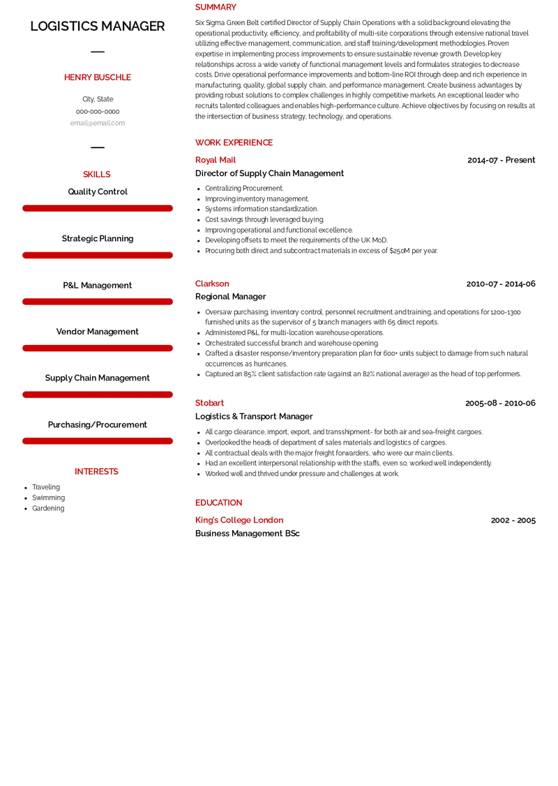 Logistics Manager Resume Sample and Template