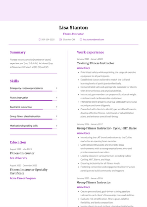 Fitness Instructor Resume Sample and Template