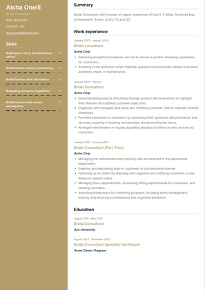 Bridal Consultant Resume Sample and Template