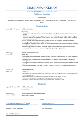 Fulfillment Associate Resume Sample and Template