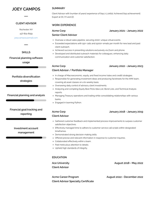Client Advisor Resume Sample and Template