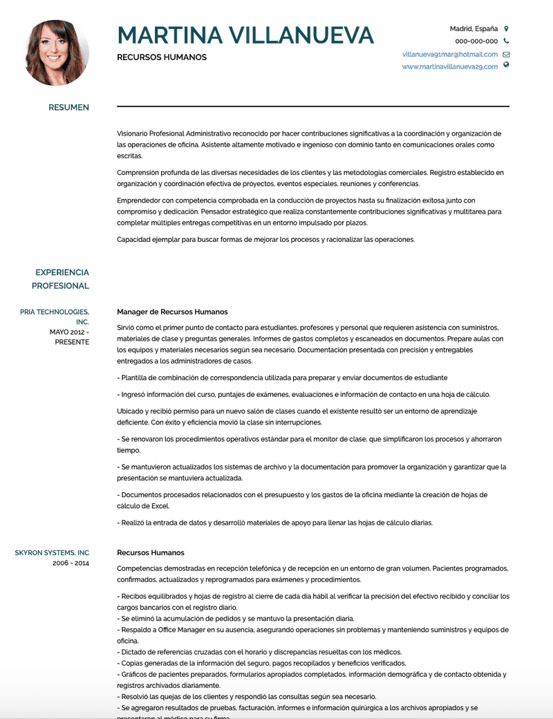 Plantilla y ejemplo de RECURSOS HUMANOS CV