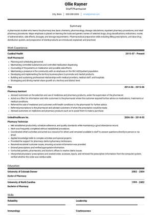 Staff Pharmacist Resume Sample and Template