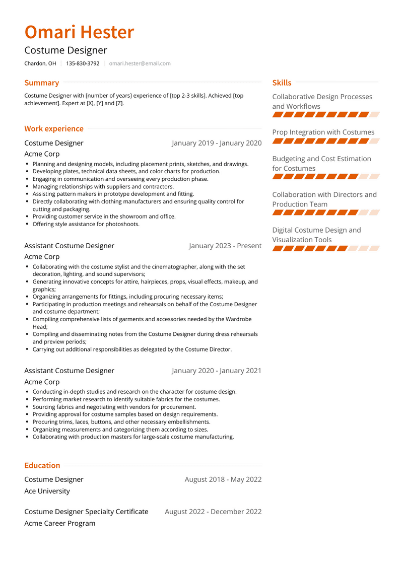 Costume Designer Resume Sample and Template