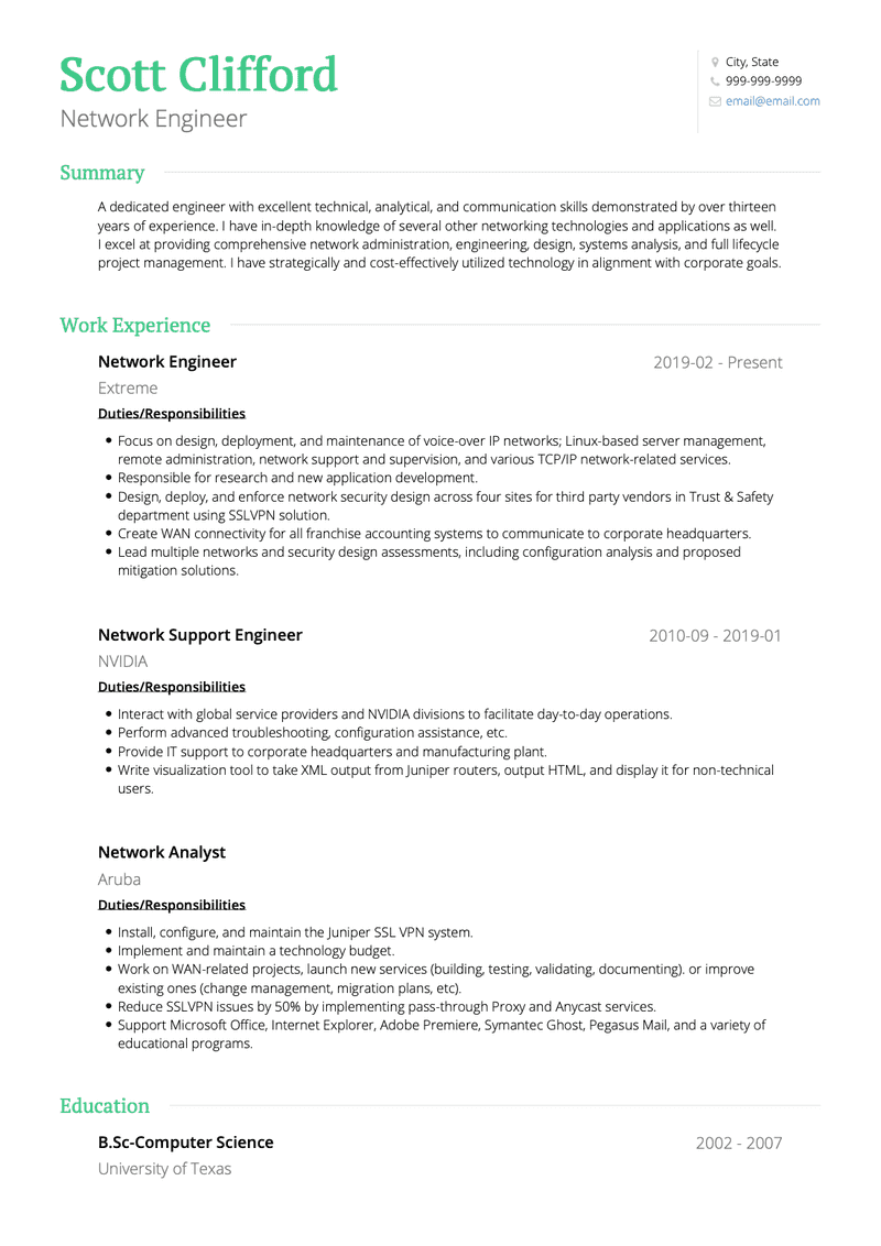 Network Engineer CV Example and Template