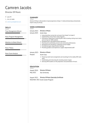 Director Of Music Resume Sample and Template