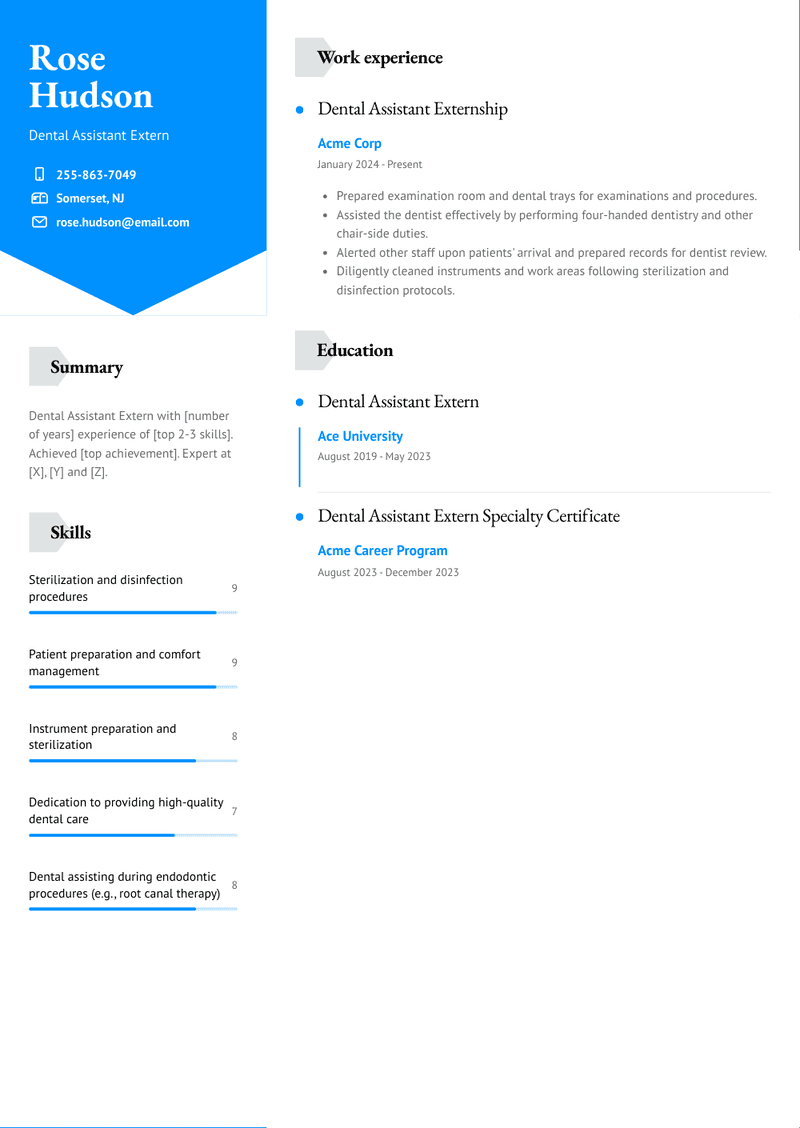 Dental Assistant Extern Resume Sample and Template