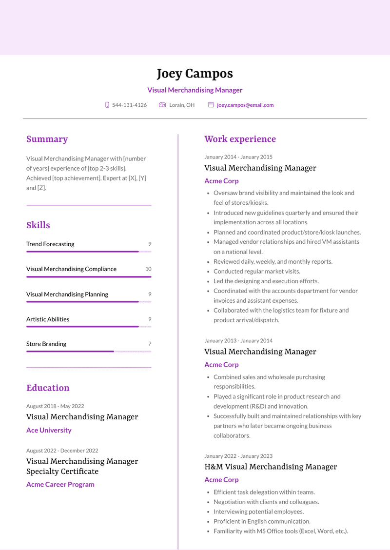 Visual Merchandising Manager Resume Sample and Template