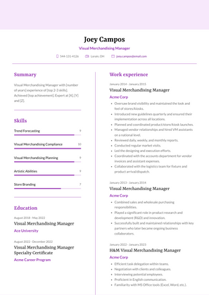 Visual Merchandising Manager Resume Sample and Template