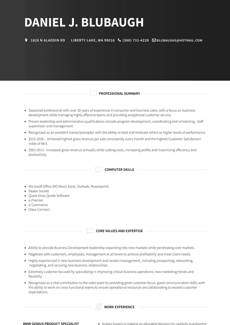 Bmw Genius Product Specialist Resume Sample and Template