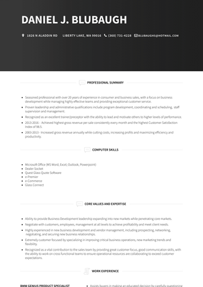 Bmw Genius Product Specialist Resume Sample and Template