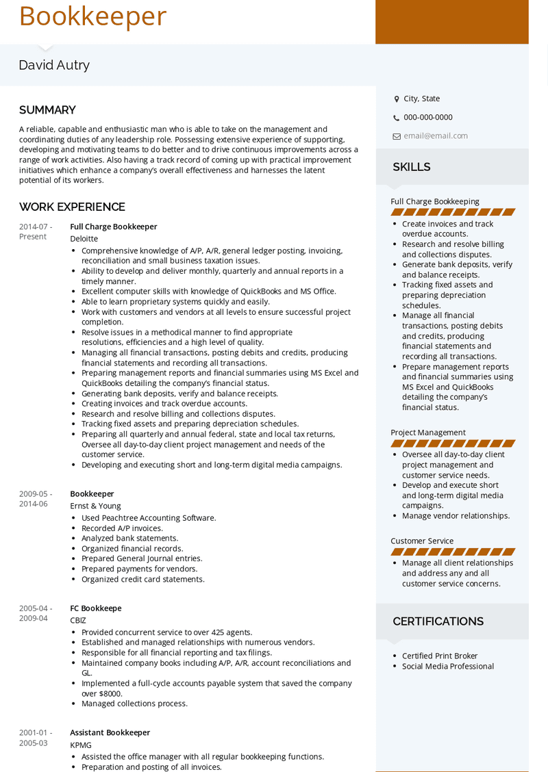 Full Charge Bookkeeper Resume Sample and Template