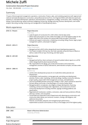 Construction Executive/Project Executive Resume Sample and Template