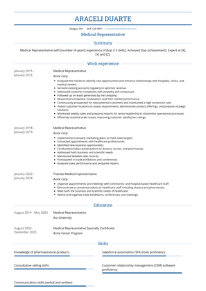 Medical Representative Resume Sample and Template