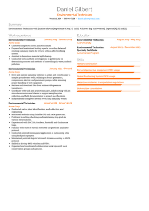 Environmental Technician Resume Sample and Template