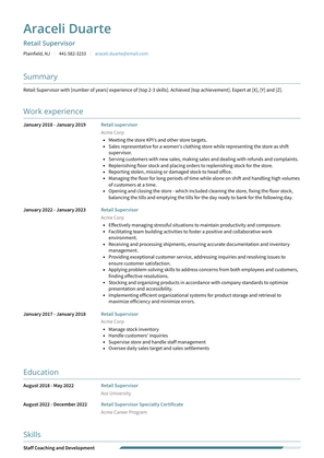 Retail Supervisor Resume Sample and Template