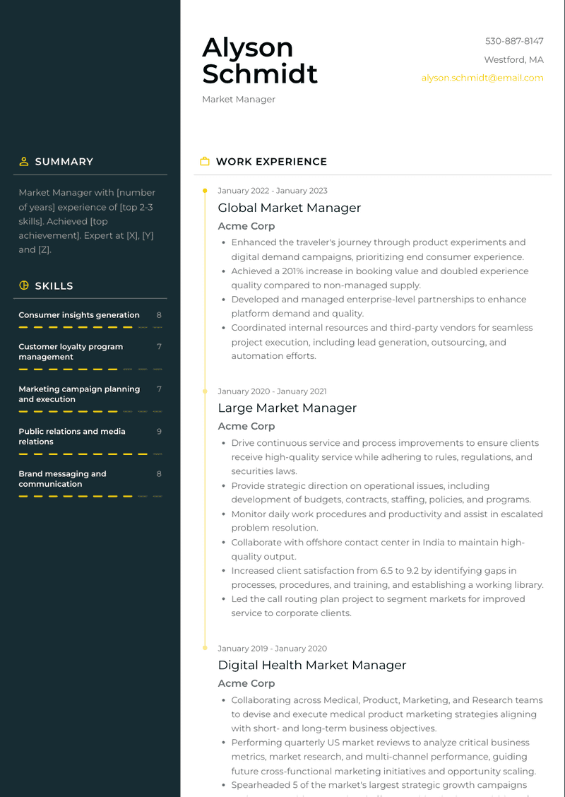 Market Manager Resume Sample and Template