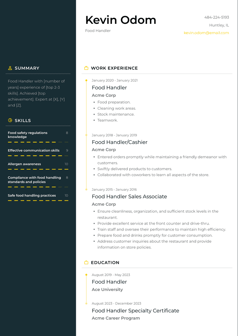 Food Handler Resume Sample and Template
